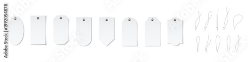 Price tags. Sale labels. Hanging tags. Blank white labels mockups. Paper empty stickers of different shapes with string loops for retail, packaging, gifts, luggage. Realistic vector illustrations set.