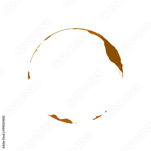 Coffee cup stain. Brown circular coffee ring and splashes on white background. Realistic beverage mark for design, cafe menu decoration. Realistic vector illustration.