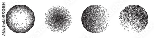 Stipple dot circle patterns. Grain noise backgrounds. Stipple patterns with dense black points on white background, and gradients from edges to center. Minimal abstract vector illustrations set.