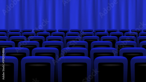 Blue theater stage curtain. Cinema stage curtain audience hall with rows of dark seats. Classic performance interior scene, movie, presentation, conference. Realistic vector illustration.