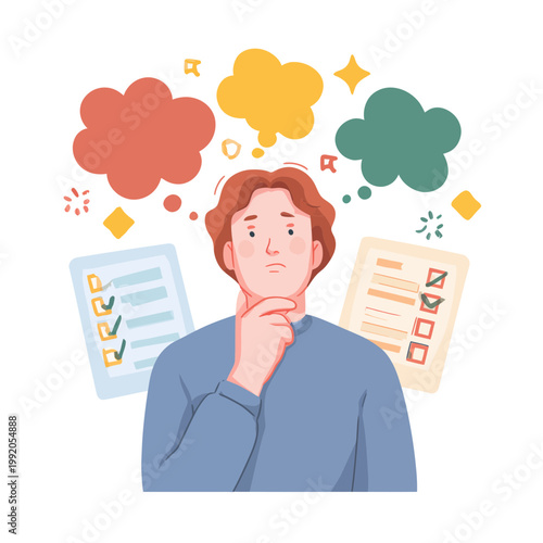 Man pondering decisions with checklists and thought bubbles