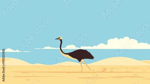 A stylized illustration features an ostrich striding across a desert landscape under a blue sky