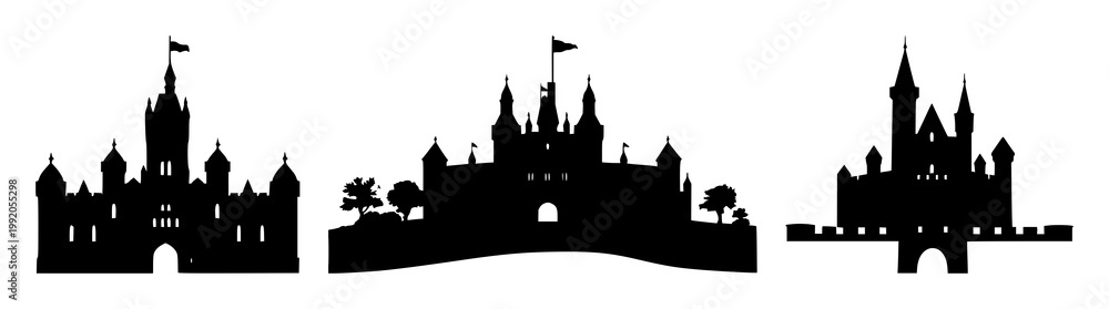 Obraz premium Castle set with black silhouette and white background featuring architecture, medieval, silhouette with line art and vector illustration