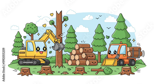 Illustration of construction equipment working in a forested area with trees logs and machinery for logging