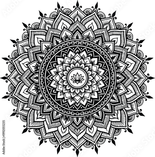 Mandala design with lotus flower center for coloring book illustration