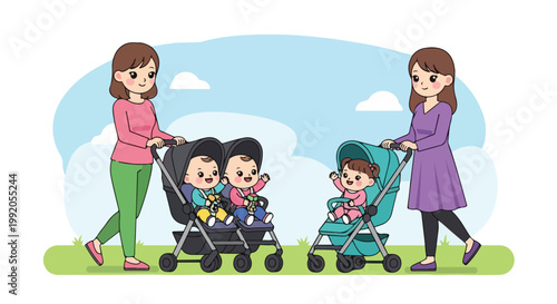 Two women with children in strollers enjoying a sunny day in a park with blue sky and clouds