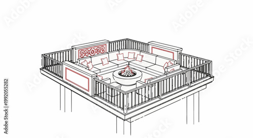 Outdoor lounge seating with fire pit on a raised platform