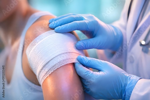 A healthcare professional applies a bandage to a patient's arm. The room appears bright and clean. The patient is sitting while receiving care in a clinical environment