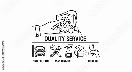 Outline illustration of a hand touching a shield with a gear and checkmark, above "QUALITY SERVICE