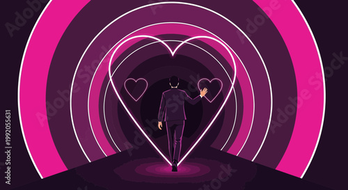 Man Walks Through Heart Tunnel, Love, Romance, Abstract, Geometric, Pink, Purple