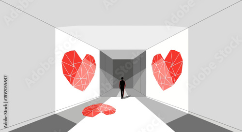 Man walks towards abstract geometric hearts in minimalist modern gallery, love concept