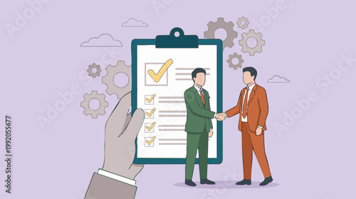 Business partnership agreement with checklist, handshake, and gears