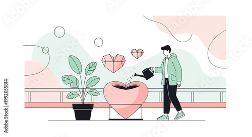 Man watering a giant heart, symbolizing love, care, and growth, with abstract shapes.