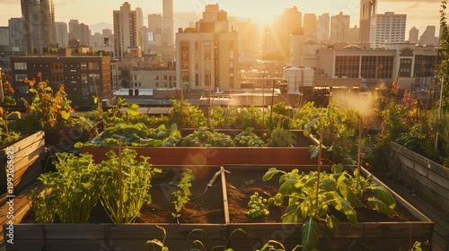 Urban garden trend rooftop with raised beds and vegetables at sunset for sustainable living and urban agriculture concept