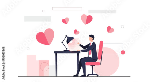 Man Working at Desk Surrounded by Pink Hearts, Love and Romance Concept