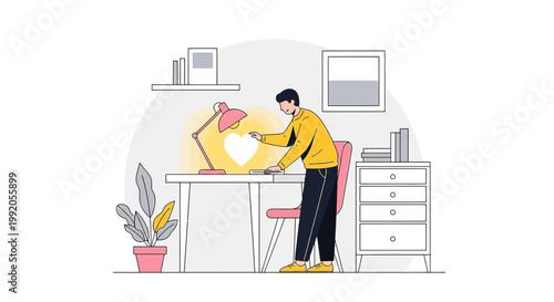 Man working at desk with glowing heart light, inspiration, creativity, love, and passion concept