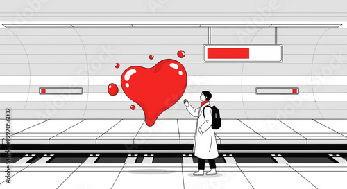 Man with Backpack on Subway Platform Reaching for a Red Heart Symbol