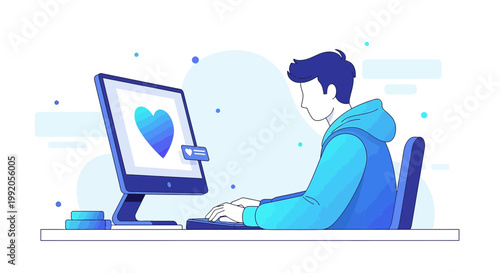 Man Working on Computer with Heart Icon on Screen, Online Love, Digital Connection, Modern Flat Design