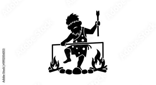 Primitive Man Sitting By Fire Silhouette.