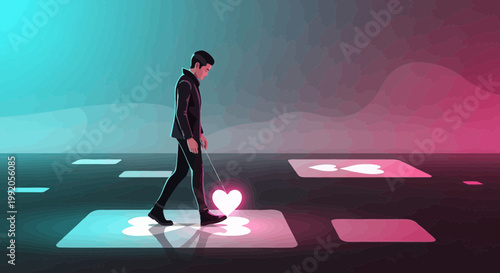 Man with cane navigates digital landscape, interacting with glowing heart icons