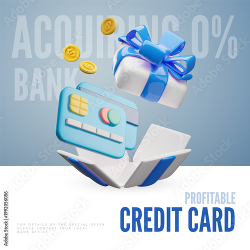 Bank credit card with coins in open gift box 3D plastic style vector advertising design, banking financial service