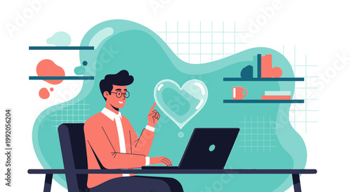 Man Working on Laptop with Heart Icon, Online Dating Concept, Remote Work