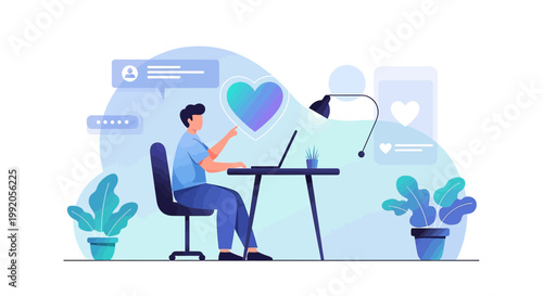 Man Working on Laptop with Heart Icon, Online Dating Concept, Digital Communication