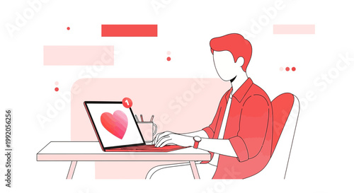 Man Working on Laptop with Heart Notification, Online Dating Concept