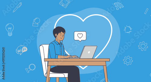 Man Working on Laptop with Heart Icon, Online Love and Connection Concept