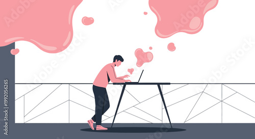 Man Working on Laptop with Pink Abstract Heart Shapes Floating Above