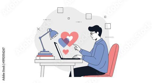 Man working on laptop with hearts, online dating, remote work, love concept