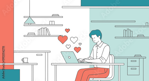Man Working on Laptop with Hearts Floating Up - Online Dating Concept