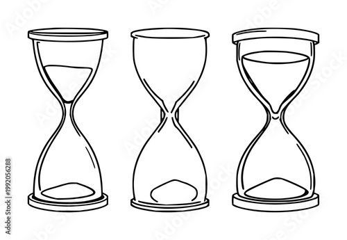 Hourglass set with black line art on white background featuring timing, measurement, sand motifs with vector and silhouette