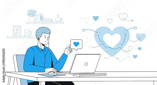 Man working on laptop with social media heart icon and abstract heart shapes