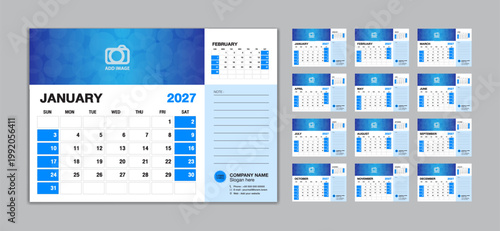 Desk Calendar 2027 template set vector, Week starts Sunday, set of 12 month, creative calendar 2027 year, wall calendar 2027, planner,  business template, Stationery, printing media, advertisement