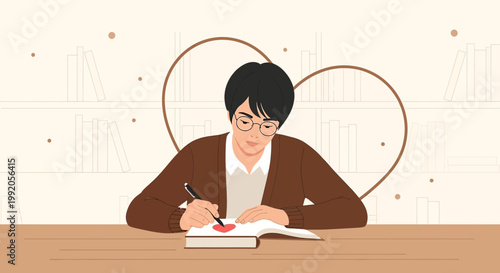 Man Writing in a Book with Heart Symbol, Love Letter, Romantic Story