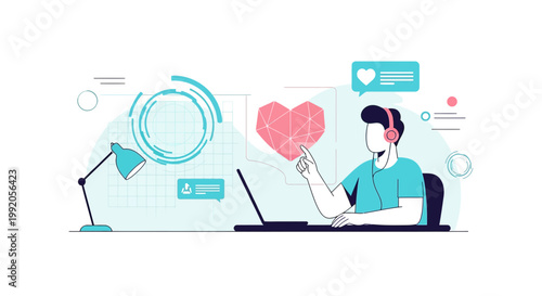 Man with Headphones Interacting with Digital Heart Interface on Laptop