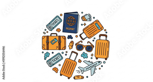 Vacation travel doodle composition with suitcase passport tickets and plane elements cartoon vector