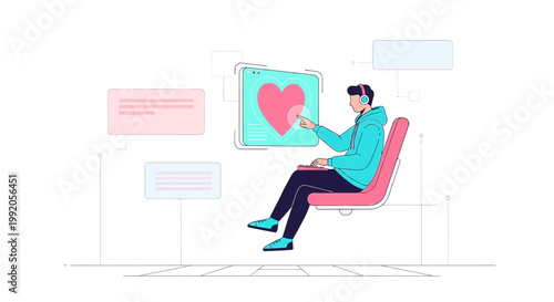 Man with headphones interacting with digital heart interface, modern technology and love concept