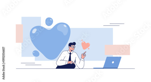 Man with Laptop Interacting with Digital Heart Icons, Online Love and Connection Concept