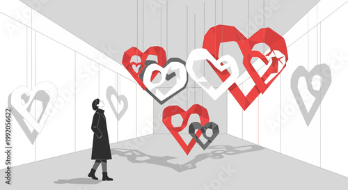 Modern Art Gallery: Person Admiring Large Geometric Heart Sculptures Hanging Indoors