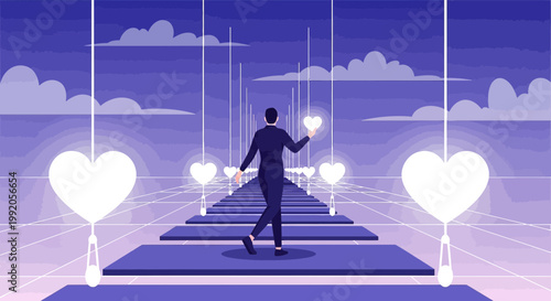 Man Walking on Path of Glowing Hearts in Digital Futuristic Landscape