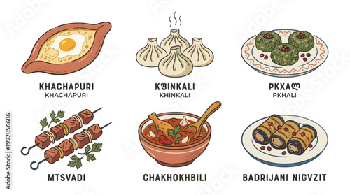 Traditional Georgian cuisine set with khachapuri khinkali and wine in flat illustration style