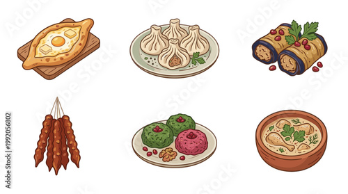 Traditional Georgian cuisine set with khachapuri khinkali and wine in flat illustration style