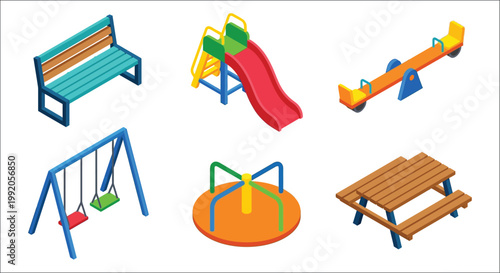 Isometric playground equipment including a slide swing and picnic table