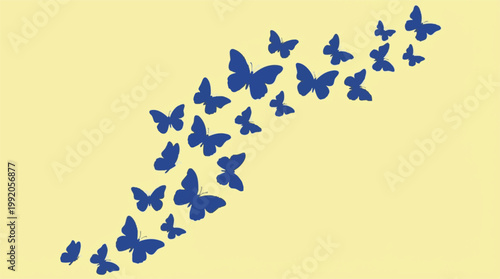 Abstract pattern of blue butterfly silhouettes flying on a light yellow background