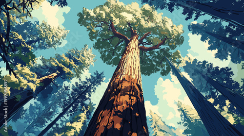 Low-angle shot of a tall tree against a blue sky, surrounded by other trees, illustrated style