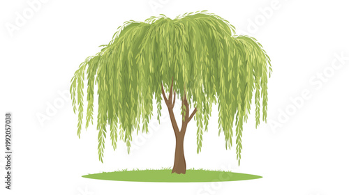 A digitally rendered weeping willow tree, featuring long, draping leaves and a brown trunk