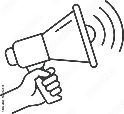 Hand holding megaphone black line icon. Vector