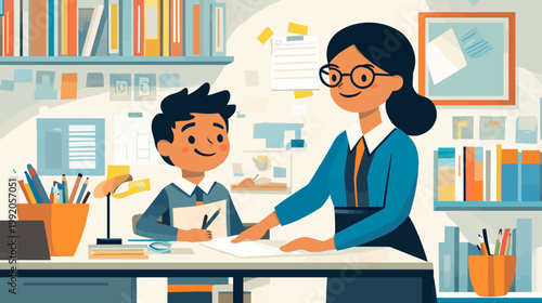 Illustration of a teacher assisting a student in a learning environment, with colorful elements
